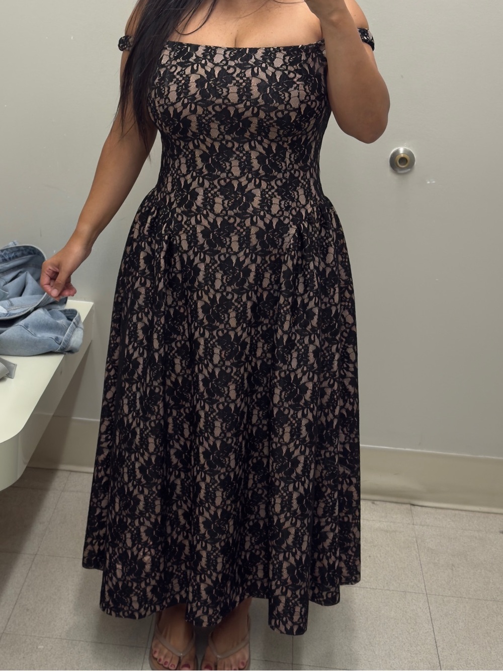 Avec Les Filles Black Lace Overlay Nude Maxi Dress